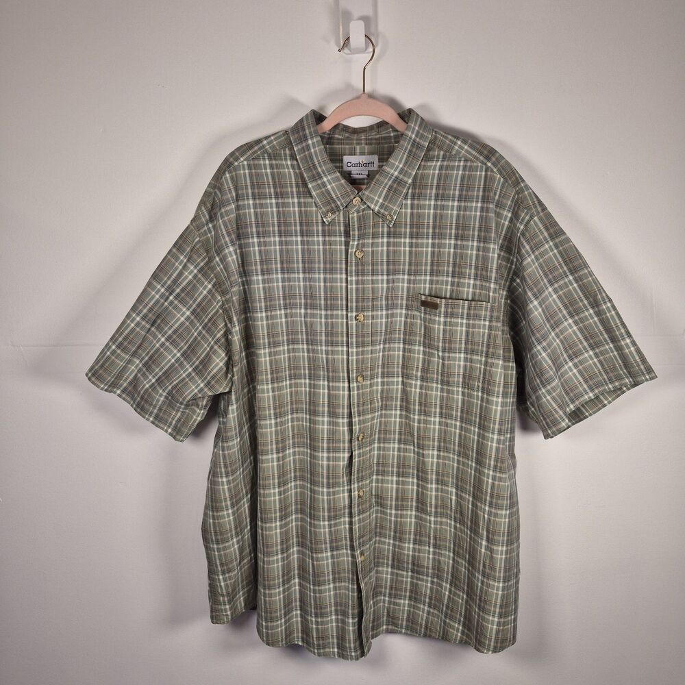 Carhartt Button Up Plaid Shirt Size 3XL Green Short Sleeves 100% Cotton